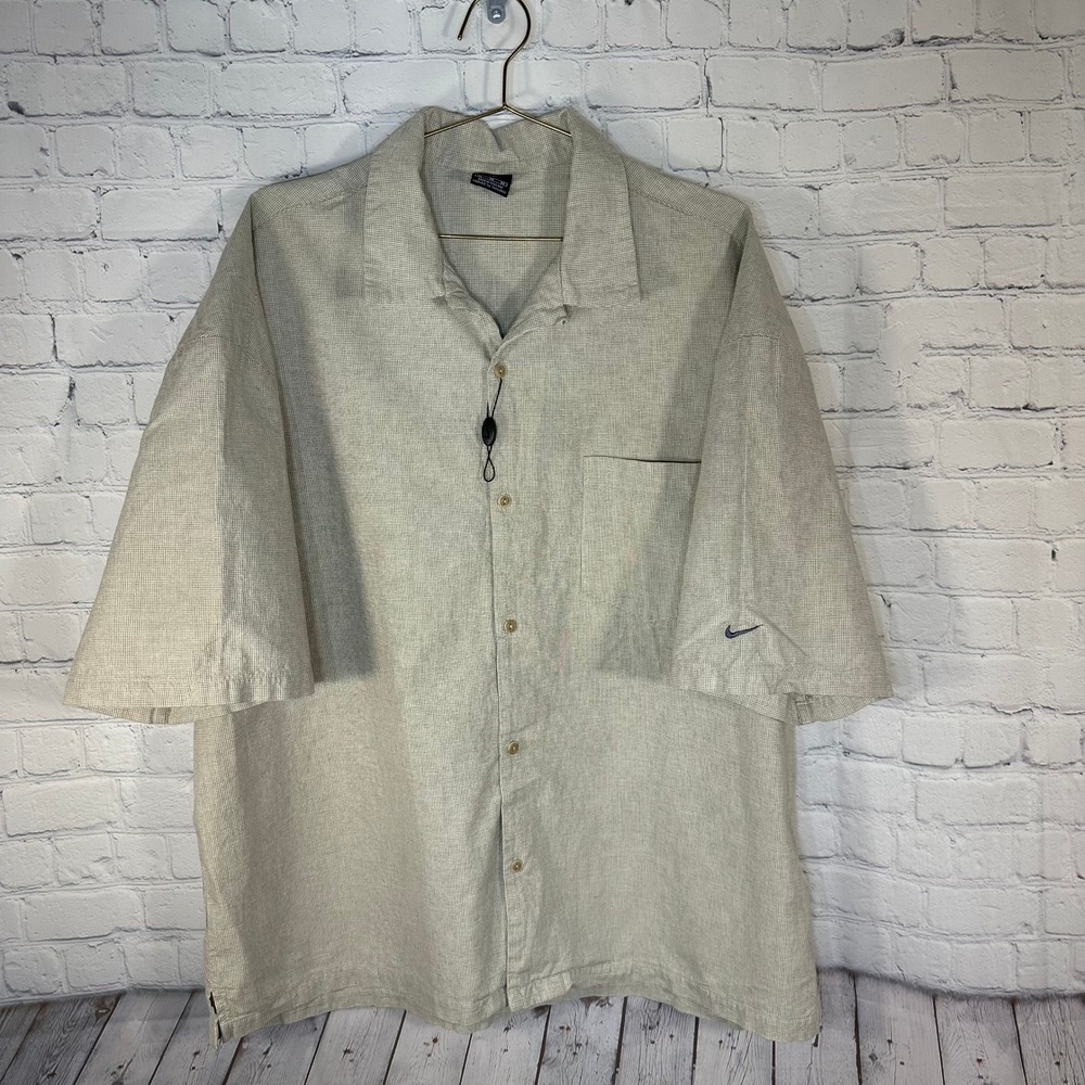 Nike Golf Mens XL Short Sleeve Button Down Shirt Tan Micro Check Swoosh Logo